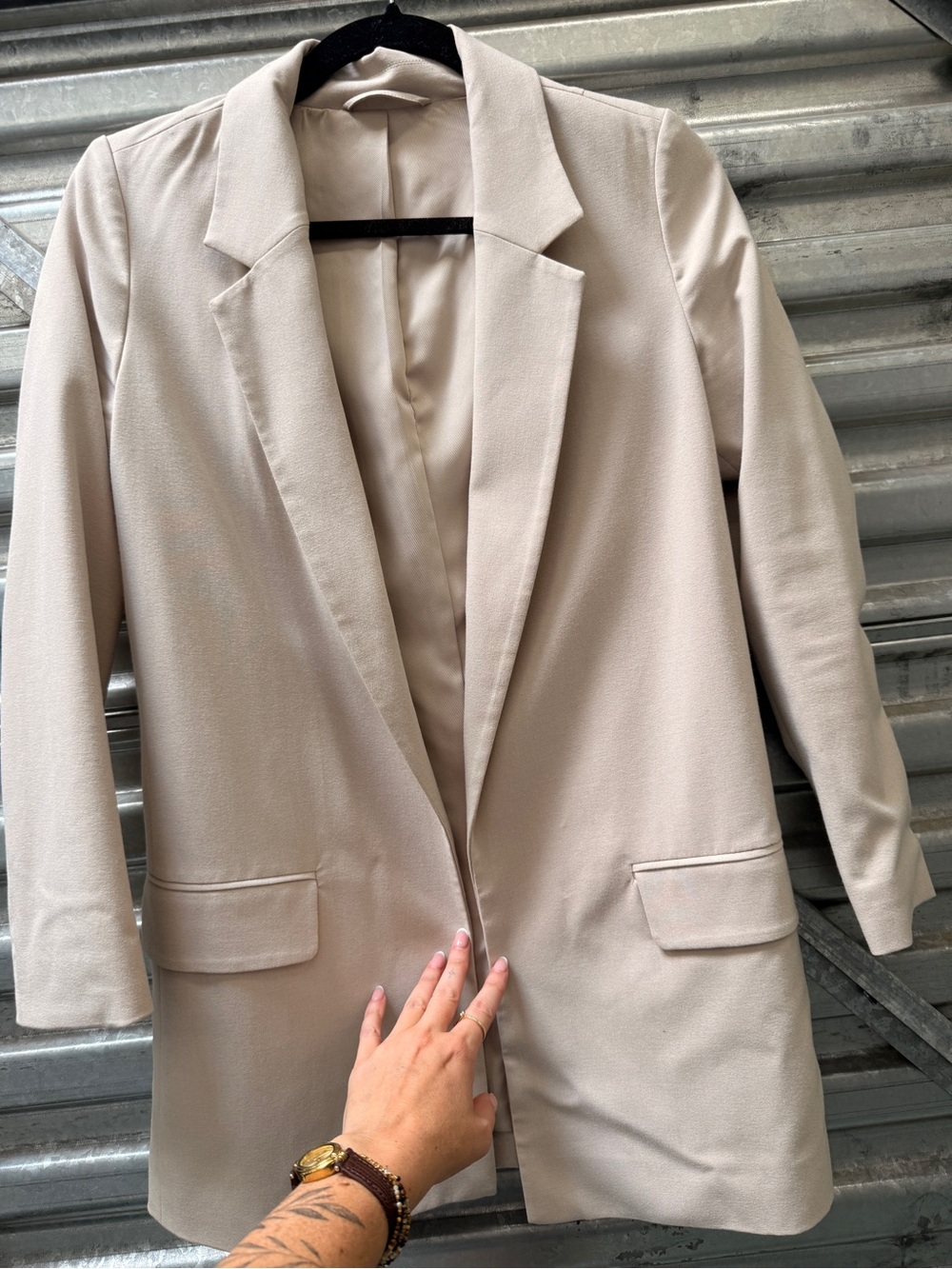 AllSaints Light Beige Long Open-Front Blazer